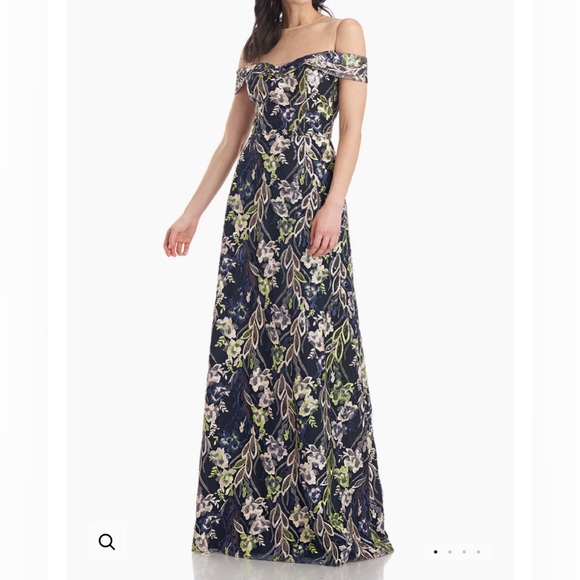 JS Collection Navy Floral sequin embroidered off-the-shoulder A- Line Gown.